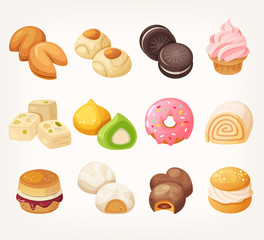 Sweets and cookies for tea from all over the world. Dessrt food in vector.