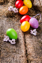 Fototapeta na wymiar Easter eggs and flower on wooden table. Spring concept on plank.