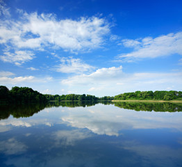 Stiller See umgeben von Wald, blauer Himmel, Wolken spiegeln sich, Mecklenburger Seenplatte