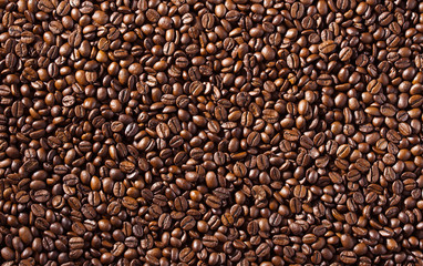 Background from the fried coffee grains macro texture
