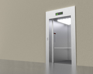 Empty modern elevator with opened doors 3D rendering image.