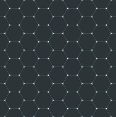 Abstract seamless dark blue hexagon vector pattern with glowing intersections.