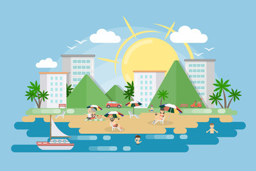 city beach vector illustration. Sun sea boat and people