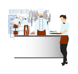 Chef on the kitchen on white background. Restaurant kitchen interior with staff
