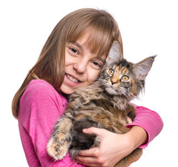 Little girl with Maine Coon kitten