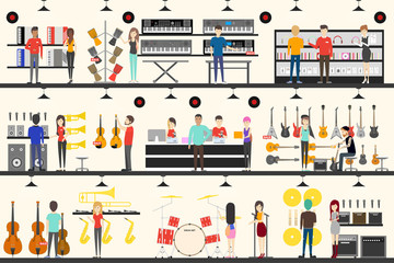 musical instrument store interior vector illustration set