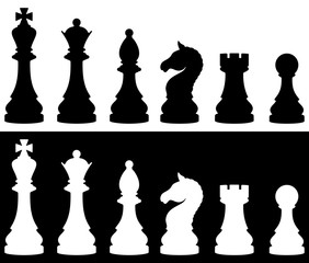 Chess pieces icon set, two versions - white and black. Vector illustration.