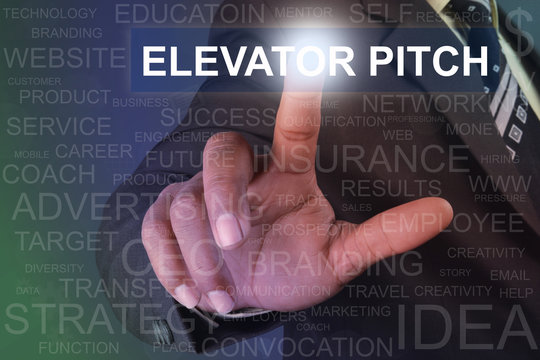 Businessman Touching Elevator Pitch Button On Virtual Screen