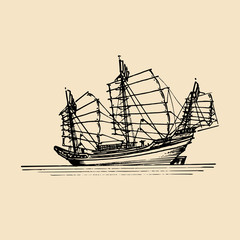 Vector sailing chinese junk ship in the sea in ink line style. Hand sketched sailing eastern boat.