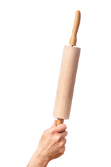 Single human hand holding  Kitchen tools: Rolling Pin, Isolated on White Background