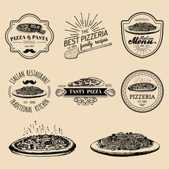 Vector hipster italian food logos. Modern pasta and pizza signs etc. Hand drawn mediterranean cuisine illustrations.