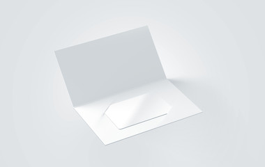 Blank white plastic card mockup inside paper booklet holder, 3d rendering. Clear loyalty program folded brochure with certificate mock up. Customer loyal booklet envelope template.
