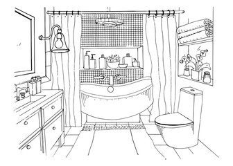 Hand drawn modern bathroom interior design, Vector sketch illustration.