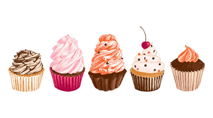 Set of hand drawn vector cupcakes