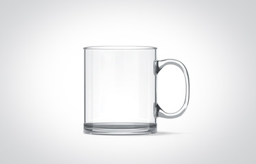 Blank transparent glass mug mockup isolated, 3d rendering. Clear translucent coffee cup mock up for sublimation printing. Empty gift crystal pint branding template. Glassy restaurant tankard design.