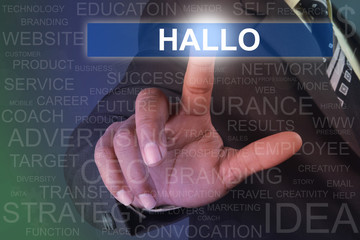 Businessman touching HALLO button on virtual screen