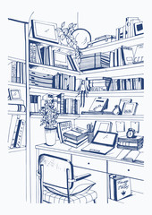 Modern interior home library, bookshelves, workplace hand drawn sketch illustration.