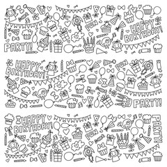 Fototapeta premium Vector kids party Coloring page Children birthday icons in doodle style Illustration with children, candy, balloon, boys, girls