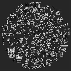 Kids party Vector illustration on blackboard Happy birthday Celebration with children