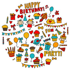 Vector kids party Children birthday icons in doodle style Illustration with children, candy, balloon, boys, girls