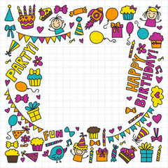 Vector kids party Children birthday icons in doodle style Illustration with children, candy, balloon, boys, girls