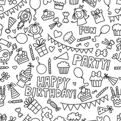 Vector kids party Coloring page Children birthday icons in doodle style Illustration with children, candy, balloon, boys, girls