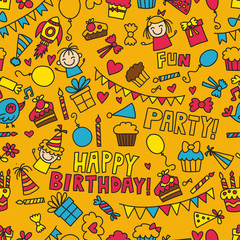 Vector kids party Children birthday icons in doodle style Illustration with children, candy, balloon, boys, girls