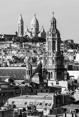 Panorama of Paris: The Sainte-Trinite and Sacre-Coeur churches in black and white