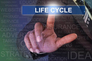 Fototapeta na wymiar Businessman touching LIFE CYCLE button on virtual screen