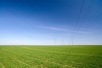 electricity pylons on a farm field