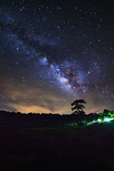 Milky Way and silhouette of tree at Phu Hin Rong Kla National Park,Phitsanulok Thailand, Long exposure photograph.with grain