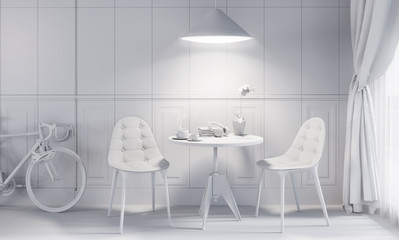 White contemporary style interior, home dining room. Small table with plant, chairs and bicycle