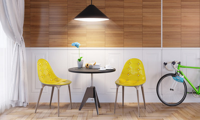 Contemporary style interior, home dining room. Small table with plant, chairs and bicycle