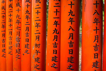 Signs on torii gates in the Fushimi Inari Taisha Shrine in Kyoto, Japan