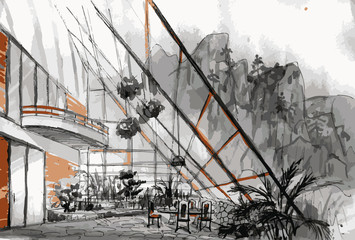 Hand drawn sketch. Interior design. Vector image