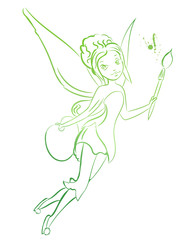 Fairy artist. Girl with brush and wings. Vector image.