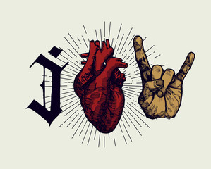 Fototapeta premium love rock'n'roll print - medieval style real heart and hand sign of horns grunge print