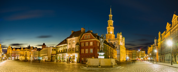Naklejka na ściany i meble Main square of the old town of Poznan, Poland,Night panorama of old town