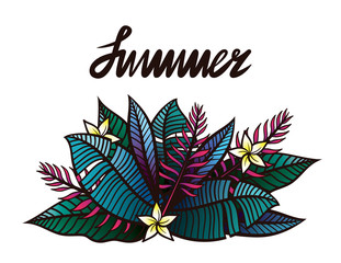 Background With Tropical Plants And Flowers and lettering 'Summer' above