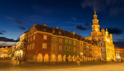 Main square of the old town of Poznan, Poland,Night panorama of old town
