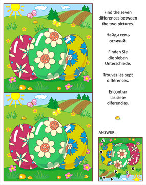 Visual puzzle: Find the seven differences between the two pictures with painted eggs and rural scene. Answer included.
