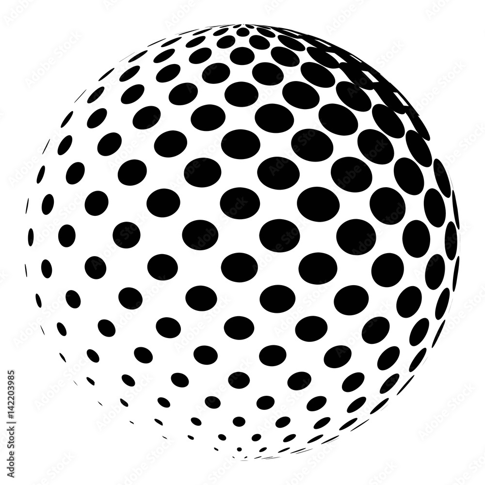 Poster Sphere with a halftone pattern. Dotted orb design element isolated on white. vector 3D logo