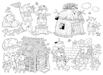 The three little pigs. Fairy tale. Coloring page. Coloring book. Cute and funny cartoon characters