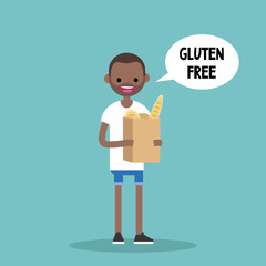 Obraz premium Young black man holding a paper bag with gluten free bread / flat editable vector illustration, clip art