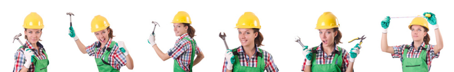 Fototapeta na wymiar Female workman in green overalls isolated on white