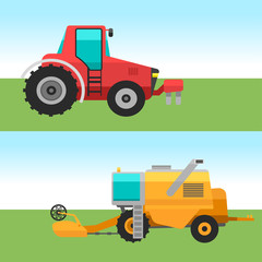 Obraz na płótnie Canvas Agricultural vehicles cards harvester machine combines and excavators icon set with accessories for plowing mowing, planting and harvesting vector illustration.