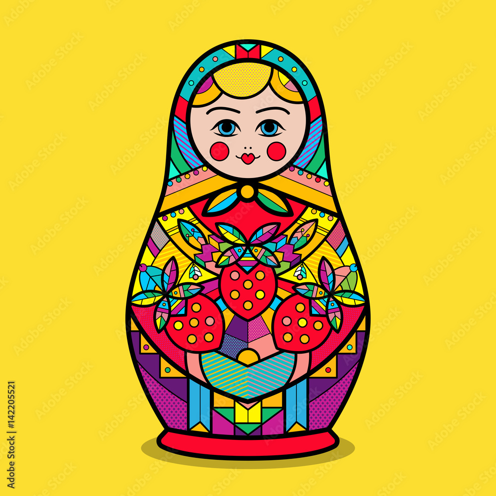 Wall mural Matrioshka. Vector traditional russian nesting doll with flower pop art pattern. Flat style. Matrioshka icon in cartoon style isolated on background. Russian country symbol for t-shirt.