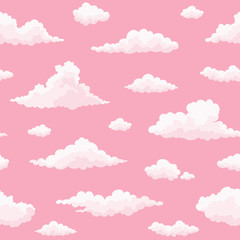 Cloud vector seamless pattern. White, pink clouds on pink sunset sky. Repeat print.  © cheremuha