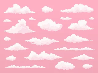 Papier Peint photo Les nuages Jeu de nuages de dessin animé. Nuages roses. Coucher de soleil rose, ciel nuageux à l& 39 aube. Illustration vectorielle plane.