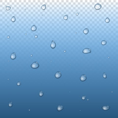 Realistic raindrop set on glass. Vector water drops. Raindrops on transparent background.